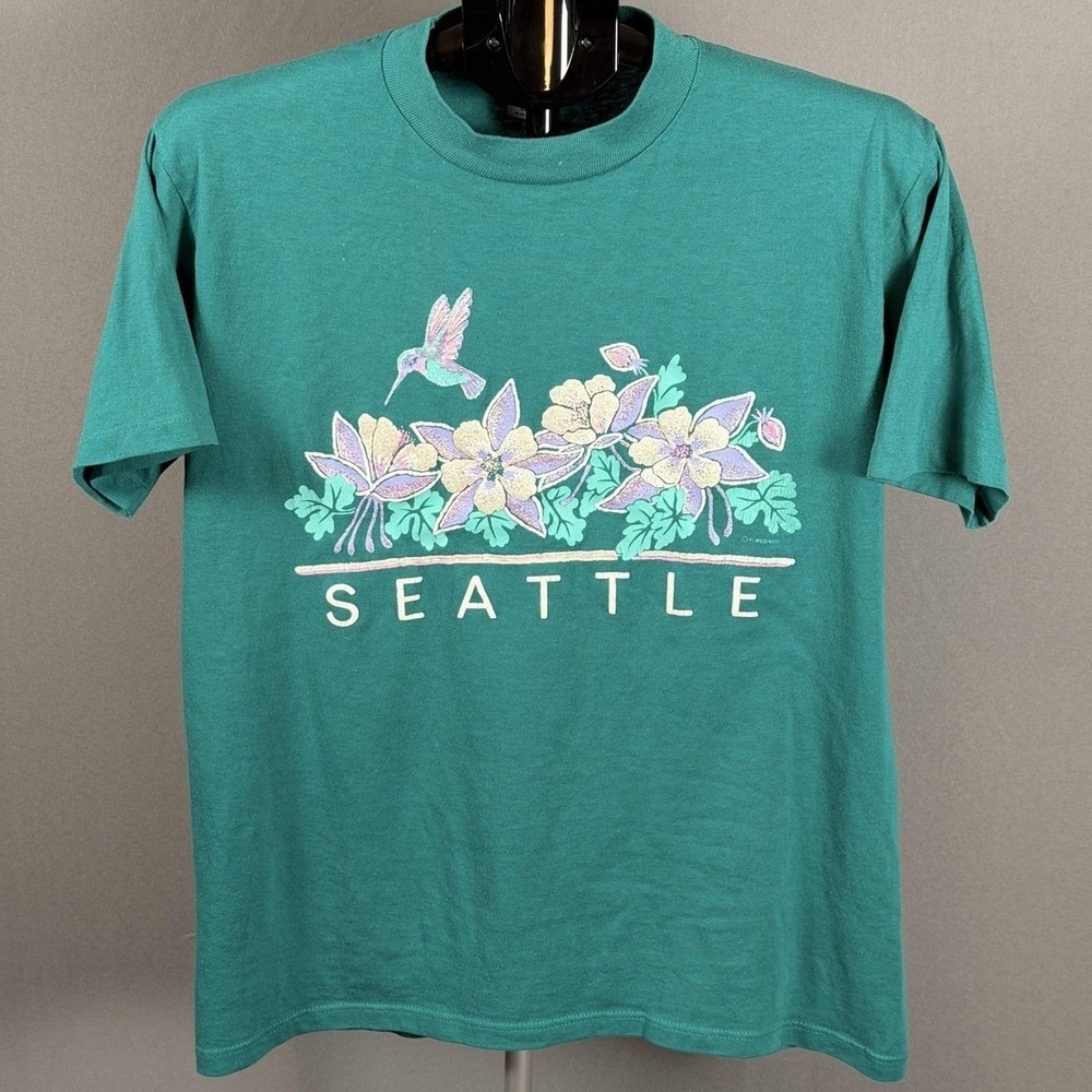 Vintage Seattle Shirt‎ Mens Large Green Hummingbird Flowers Graphic 80s 90s